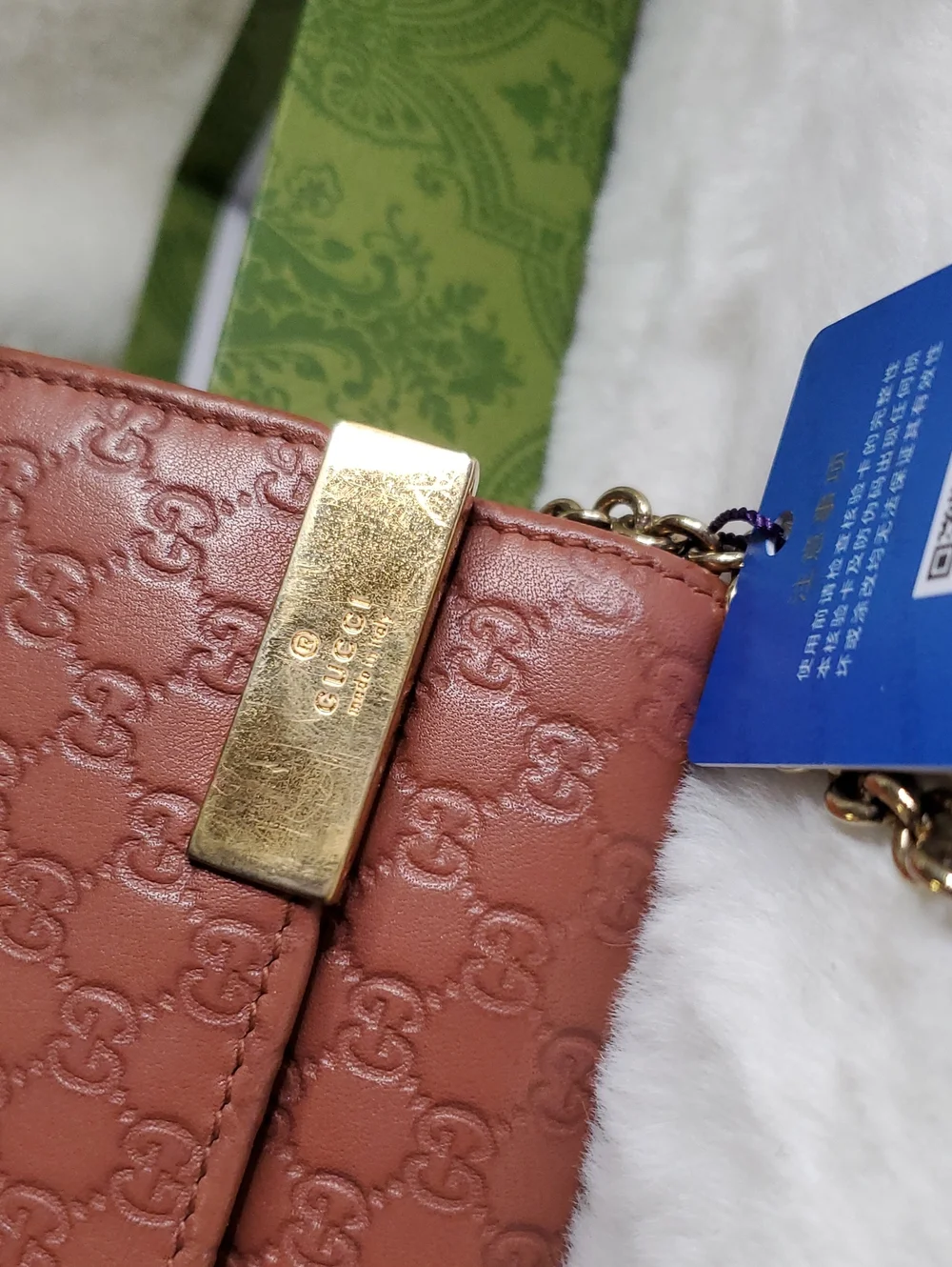 Gucci Coral Embossed GG Leather Chain Clutch with Gold Hardware
